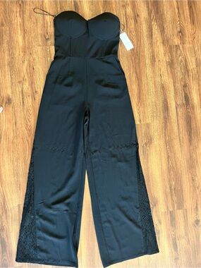 Vici Black Strapless Wide-Leg Jumpsuit with Lace Insets